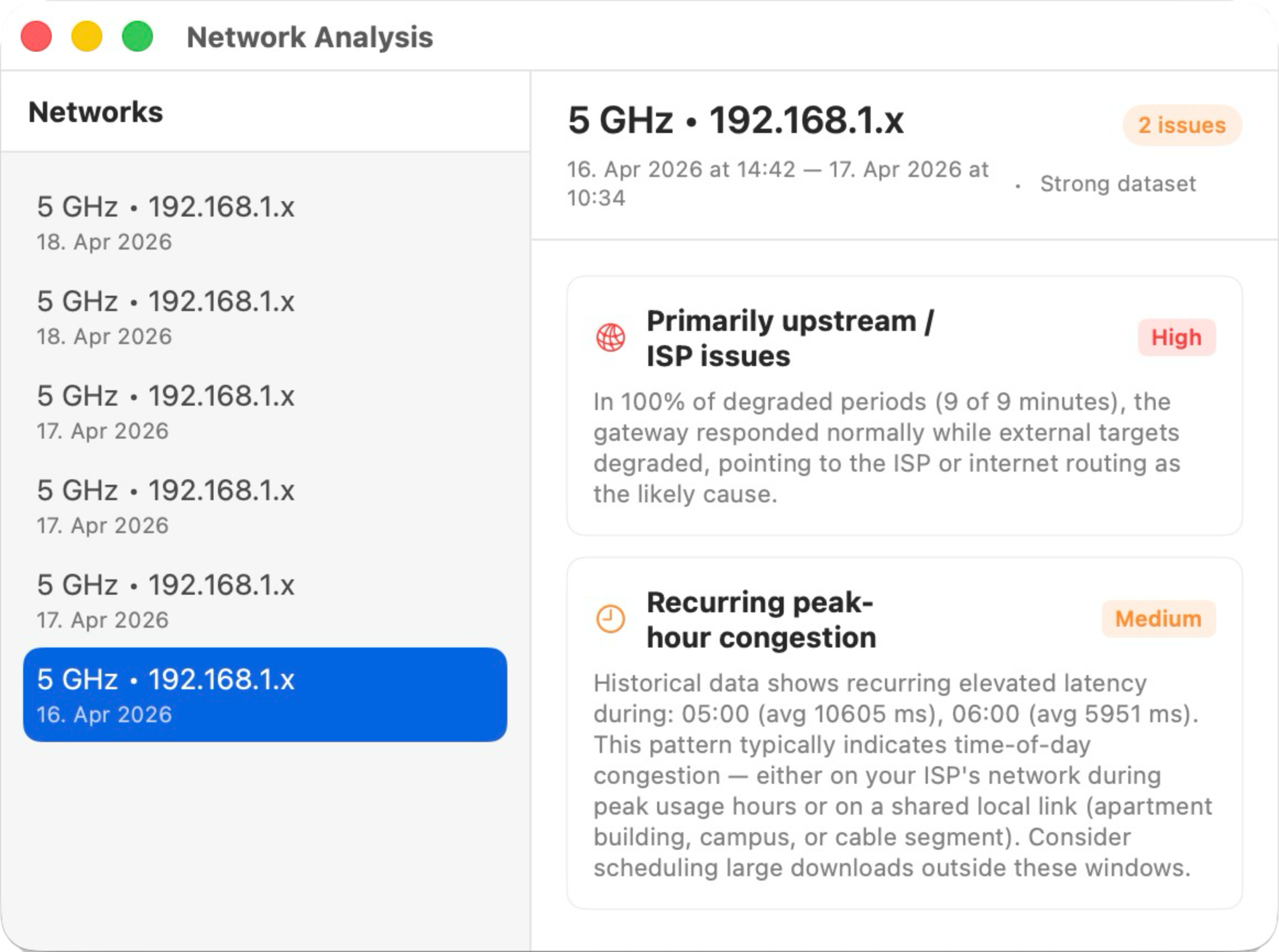 Network Analysis window showing findings with confidence badges