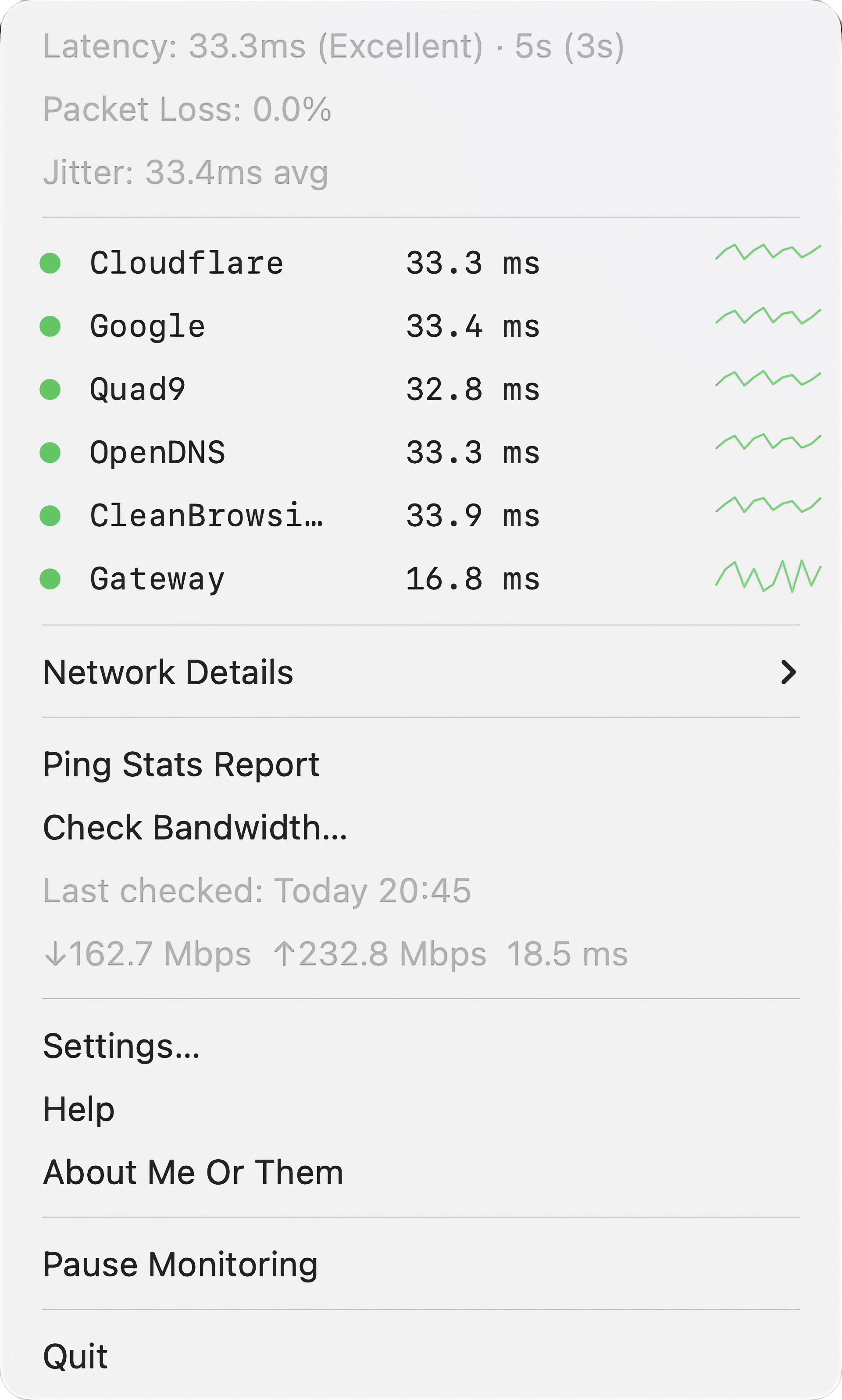 Me Or Them dropdown menu showing latency and packet loss stats