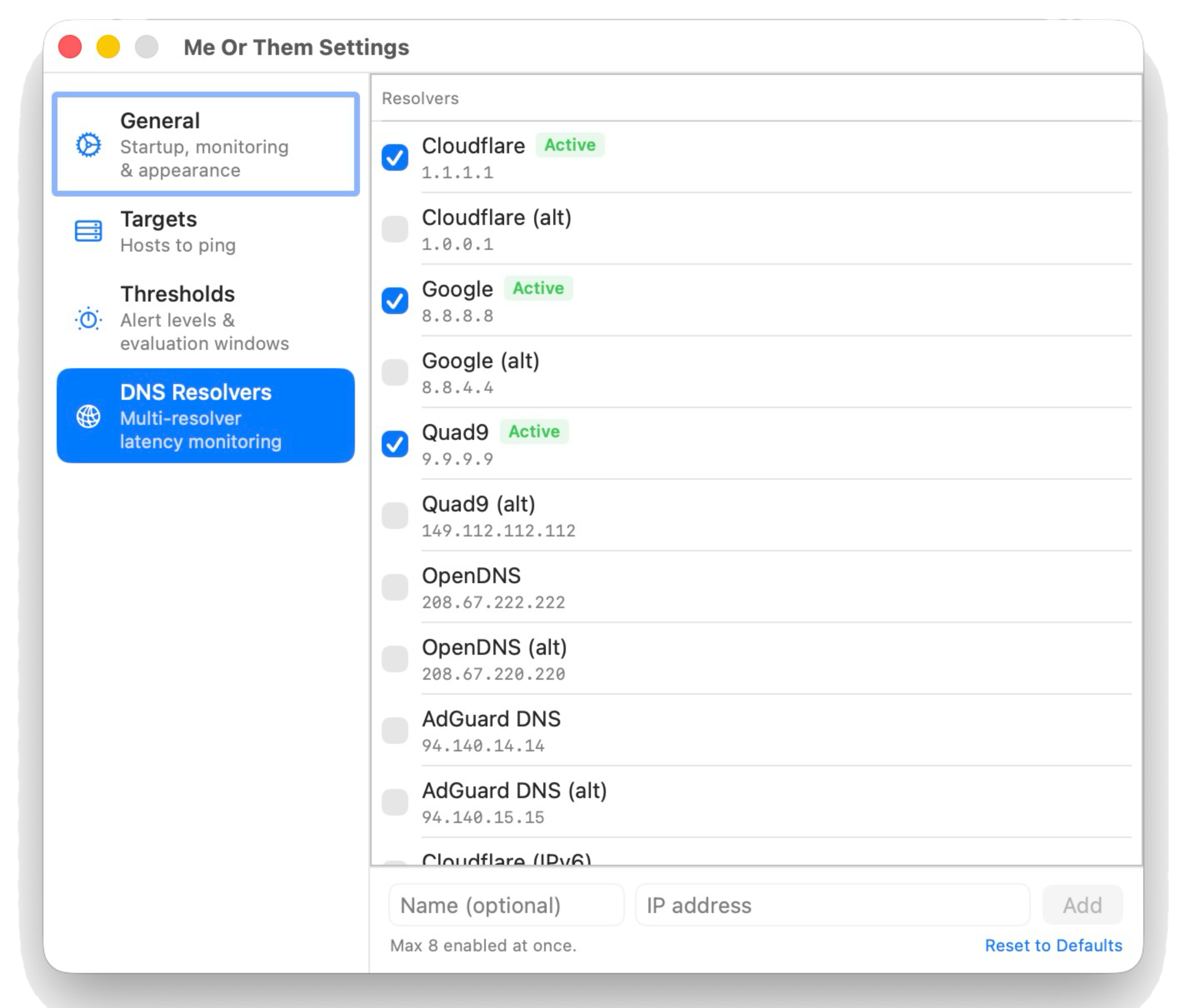 DNS Resolvers settings tab showing configured resolvers and their status